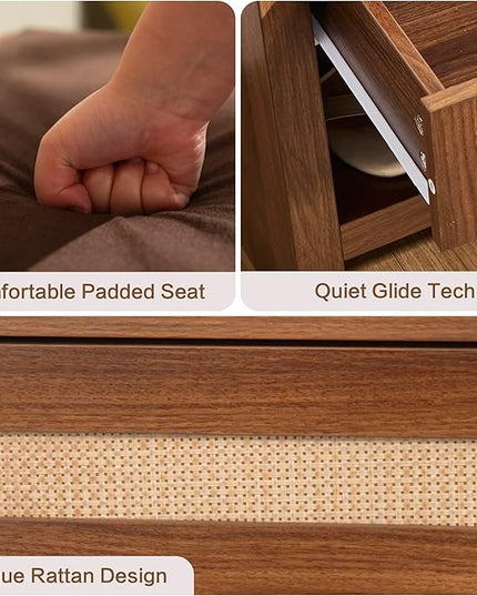 Rattan Shoe Bench Entryway Bench with Storage Drawer and Linen Seat Cushion, Farmhouse Boho Shoe Rack Bench, Wooden Storage Bench for Entryway Hallway and Bedroom - Oak