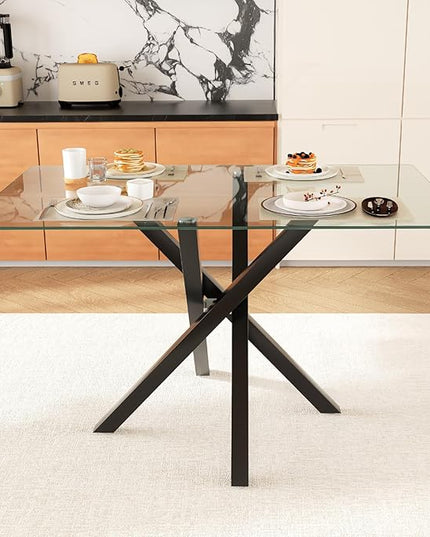 51.18 Inch Glass Dining Table, Rectangular Kitchen Glass Table for 4 People, Modern Dining Room Table for Dinner Kitchen Dining Room(Black)
