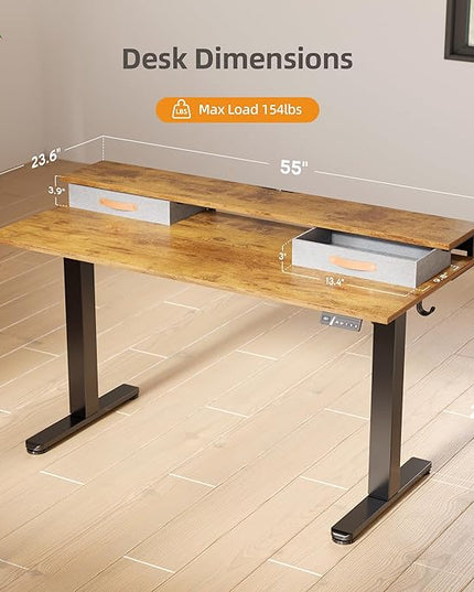 Claiks Electric Standing Desk with 2 Drawers, Adjustable Standing Desks with Storage, Height Adjustable Stand up Desk for Home Office with 2 Hooks,55 Inch Ruist Brown