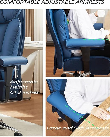 Efomao Ergonomic Office Chair 450LBS with Foot Rest, High Back PU Leather Big and Tall Executive Chair with Adjustable Padded Armrests, Lumbar Support for Home or Work, Heavy Duty Computer Chair, Blue