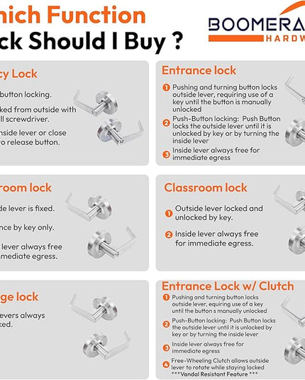 Boomerang Entry w/Clutch Function - ADA Commercial Door Lever Lock - Heavy-Duty Locking Door Handle, Cylindrical Lever Lock, Non-Handed Grade 2, Satin Chrome (US26D), Entrance/Keylock w/Clutch