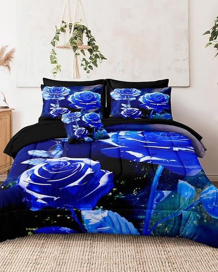 Merryword 8 Pcs Bed in a Bag Blue Rose Comforter Set King Size Rose Flower Bedding Set Romantic Love Valentine Bedding Comforter Set