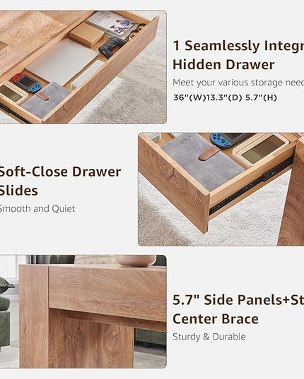 OKD 48" Modern Farmhouse Coffee Table, Wooden Living Room Table with Hidden Storage Drawer, Rustic Rectangular Center Tables w/Wood Thick Design for Living Room, Office, Light Knotty Wood