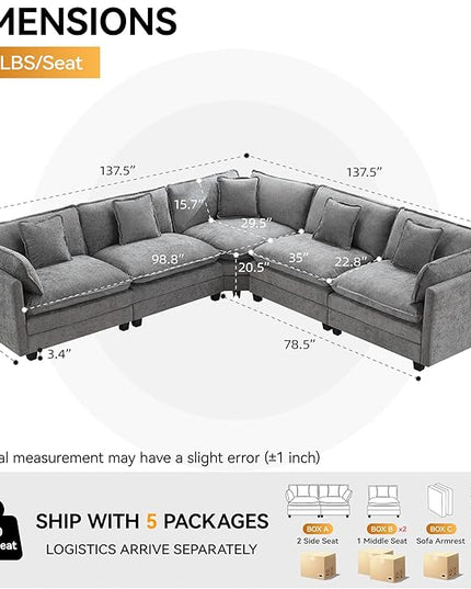 137'' V Shaped Cloud Sectional Sofa, Oversized Deep Seat Couches for Living Room, Chenille Comfy Upholstered Modular Sectional Sofa Couch, Grey