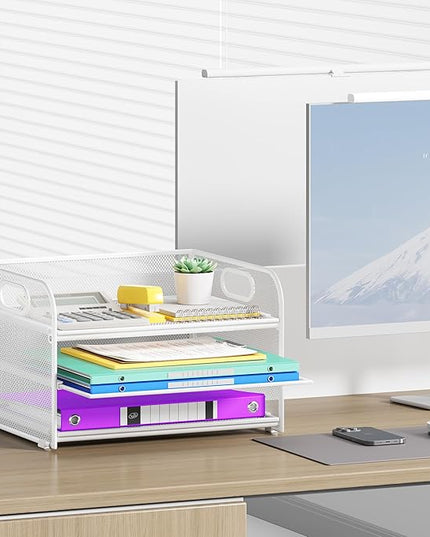 3 Tier Paper Organizer with Handle, Metal Desk Organizer Mesh Paper Letter Tray Desktop File Folder Document Sorter for Classroom, School, Office Accessories Organization and Storage - White
