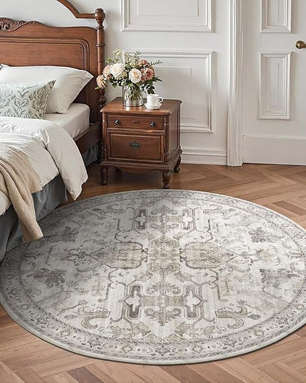 jinchan Round Rug 4ft Area Rug Indoor Vintage Floral Circle 4' Washable Ultra-Thin Low Pile Soft Small Non Slip Distressed Print for Living Room Dining Room Bedroom Entryway Taupe