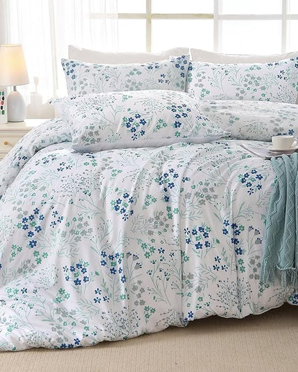 MUXHOMO Blue Flower Bed in a Bag King 7 Pieces, King Comforter Set Reversible Botanical Flowers Design, Ultra Soft & Breathable Bedding Sets with Comforter, Sheets, Pillowcases & Shams