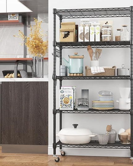 Himimi 5-Tier Storage Shelf Wire Shelving Unit on Wheels Heavy Duty Metal Shelves Adjustable Steel Rack Organization for Kitchen Garage Basement, Black