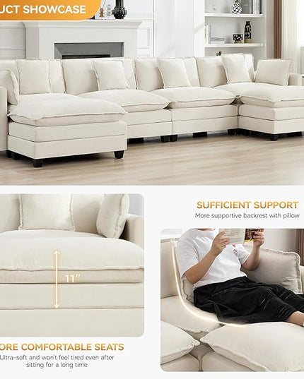 147'' Sectional Cloud Deep Seat Couch, Oversized Chenille U Shaped Sectional Sofa for Living Room Set, Comfy Upholstered Modular Sectional Sofa Couch with 2 Movable Ottoman, Beige
