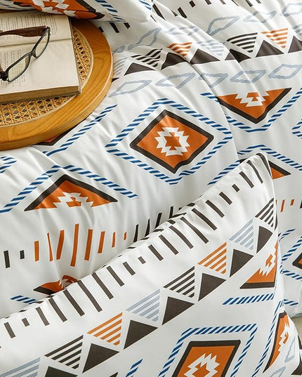 Houseri Orange and Brown Boho Comforter Set Queen Geometric Mocha Blue Diamonds Artistic Bedding Sets Queen Size Women Men Earth Tone Bohemian Triangle Farmhouse Retro Fashion Bed Quilt Blankets Queen
