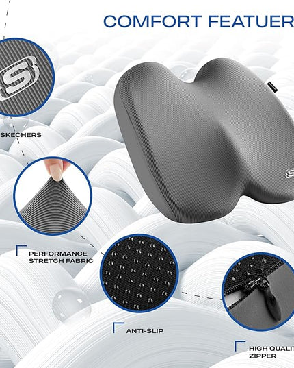 Skechers Seat Cushion, Ergonomic Memory Foam Cushion for Long Sitting Hours on Office & Home Chair, Car Seat Cushion for Sciatica, Coccyx Cushion,Gray