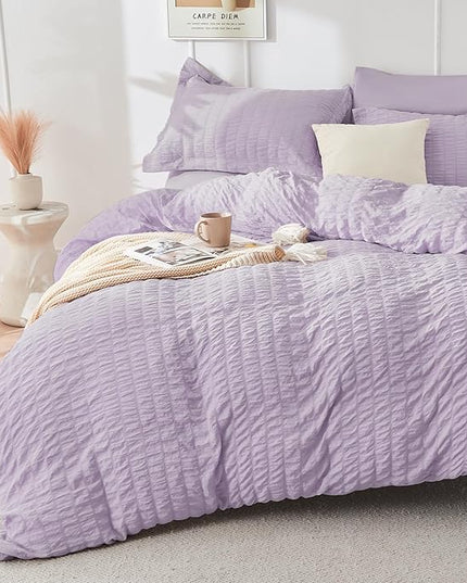 HYMOKEGE Lavender Queen Comforter Set Seersucker 7 Pieces, All Season Luxury Bed in a Bag for Bedroom, Bedding Set with Comforters, Sheets, Pillowcases & Shams