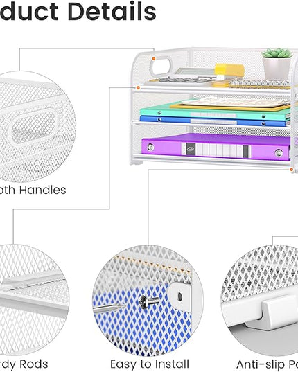 3 Tier Paper Organizer with Handle, Metal Desk Organizer Mesh Paper Letter Tray Desktop File Folder Document Sorter for Classroom, School, Office Accessories Organization and Storage - White