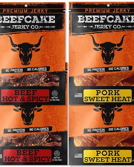 BEEFCAKE Jerky Spicy Pork Jerky Sweet Heat & Beef Hot & Spicy Meat Snacks, 9 Gram of Protein and 100 Calories 2.7 Oz | Pack of 4