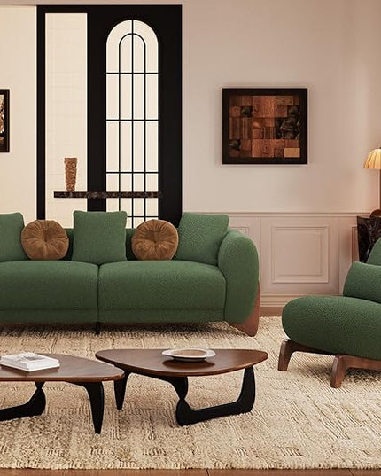 Morden Fort 2 Piece Cloud Couch Set, Modern Sherpa Boucle Sofa Set with Wood Legs, Skin-Friendly Minimalist Upholstered Comfy Couch Sofas for Living Room, 3-Seater Sofa & Tilt Back Chair, Green