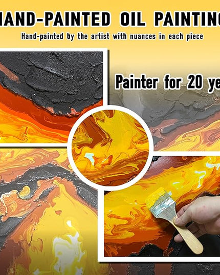GUGIKA Abstract Wall Art for Living Room, Hand Painted 3D Textured Magma Paintings, Black and Gold Yellow Volcanic Lava Canvas Wall-Decor for Bedroom, Size 40 x 20 Inches