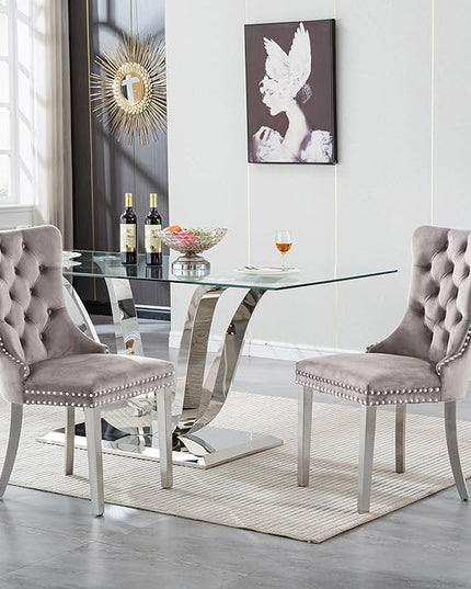 70" Modern Silver Glass Dining Table Set for 6, 7-Piece Rectangle Kitchen Dining Room Table Set with Steel Base & 6 Grey Velvet Upholstered Chairs, Modern Glass Kitchen Table and Chairs Set of 6