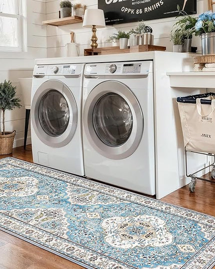 Ciicool Washable Runner Rug Non Slip, 2'x6' Blue Hallway Rug Vintage Kitchen Rugs Carpet for Bedroom Laundry Bathroom Decor