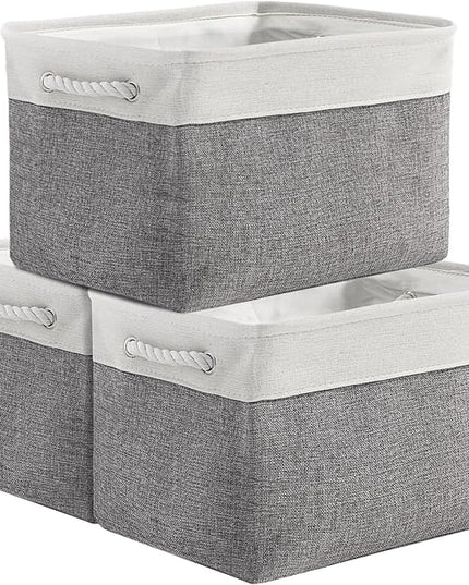 TheWarmHome Organization and Storage Basket for Organizing - 3 Pack 16x12x12 inch Cube Storage Bin Fabric Storage Cubes for Organizer Cloth Gift Toy Closet (White & Grey)