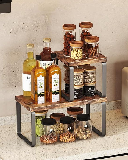 Homeiju Wooden Desktop Organizer Shelf, 2-Tier Adjustable Freestanding Bookshelf Desk Shelf, Stackable Desk Organizer for Office, Dorm, Bedroom, Space Saving, Easy Assembly, Rustic Brown (1 Pack)
