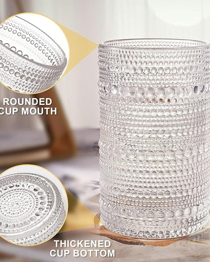 hobnail drinking glasses Highball Glasses Set of 6 12oZ Embossed Vintage Drinking Water Cocktail Whiskey Beverages Juice Milk Soda Gift for Men Women-Fathers Day Gift