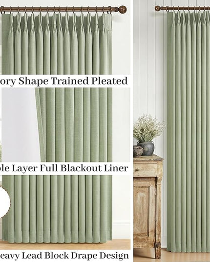Memory Shape Pinch Pleated Curtains 102 Inches Long for Dining Room, Light Green Blackout Dual Layer Linen Sound Dampening Windows Drapes with Hooks Rings Insulated Decorative Windows Burg 2 Panel Set
