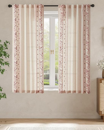 jinchan Winslow Linen Curtains for Bedroom 63 Inches Length Embroidered Bordered Floral Curtains for Living Room Farmhouse Decor Light Filtering Window Treatments Red on Beige Drapes 2 Panels