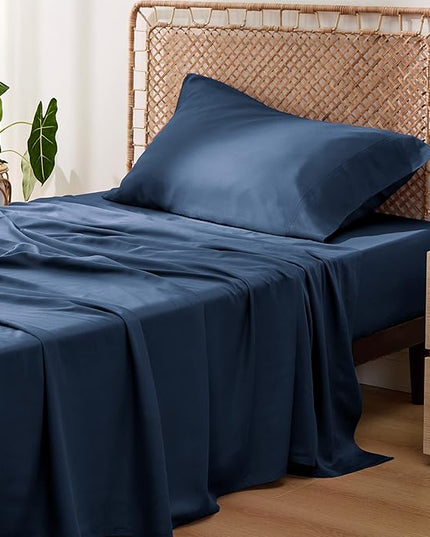 Bedsure Cooling Sheets Twin, Rayon Derived from Bamboo, Breathable & Soft Twin Sheets Set, Deep Pocket Up to 16 Inches, Hotel Luxury Silky Bedding for Hot Sleepers, Navy