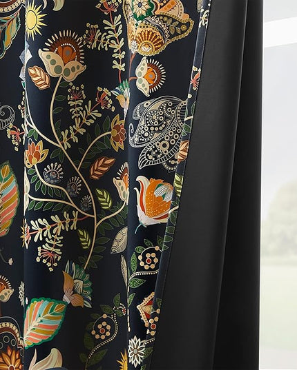 XiDi Navy Blue Vintage Floral Patterned Blackout Curtains 84 Inches Long for Bedroom Living Room 2 Panels Thermal Insulated Luxury Modern Curtains Dark Botanical Leaf Printed Design Grommet Drapes