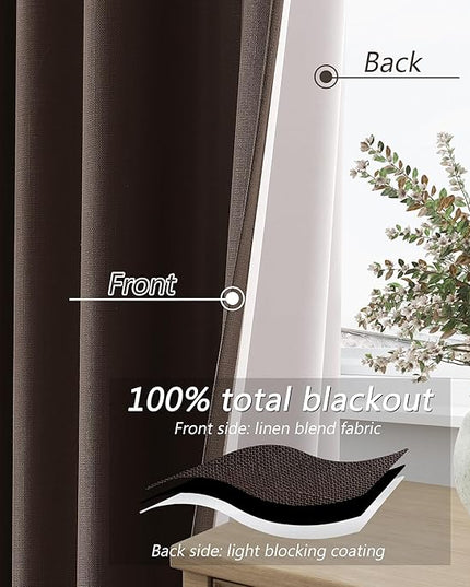 Guken Brown Blackout Curtains 63 Inch Length 2 Panels Set for Living Room Bedroom Back Tab Thermal Insulated 100% Black Out Linen Drapes Room Darkening Window Curtains 52 Inches Width