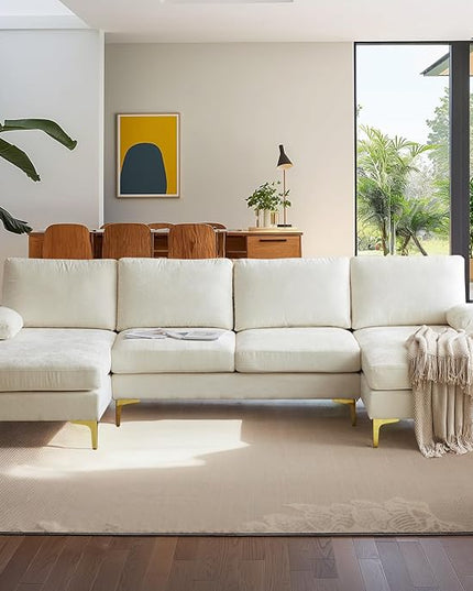 VINGLI 110" Large U-Shape Sectional Sofa Couch with 51" D Double Chaise for Living Room, Modern Sectional Couch Set with Soft 5.9" Thickness Seating Padding, Chenille Fabric,Metal Gold Legs(Beige)