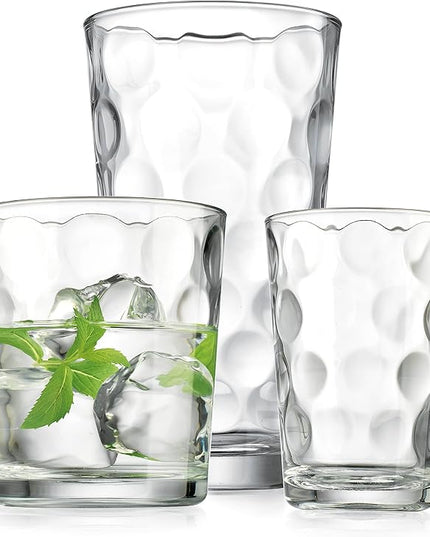 Home Essentials & Beyond Glassware Set 18 Piece Mixed Drinkware Set. 6 Highball Tumblers-17 oz., 6 Rock Whiskey-13 oz., and 6 Juice-7 oz. All Size Glass Cups Drinking Glasses. (Design on Inner Glass)