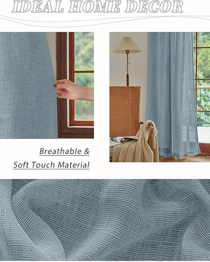DUALIFE Dusty Blue Extra Long Sheer Linen Curtain Panels 108 Inches for Living Room Back Tab Rod Pocket Light Filtering Farmhouse Semi Sheer Linen Curtains for Large Tall Window, 52x108 2 Panels