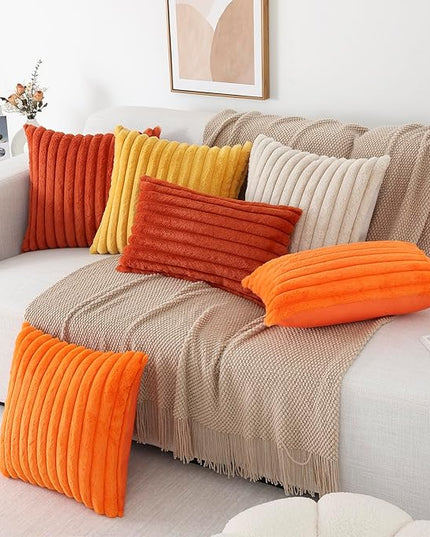 Pallene Faux Fur Plush Fall Throw Pillow Covers 12x20 Set of 2, Luxury Soft Fluffy Striped Decorative Pillow Covers for Sofa, Couch, Living Room, Burnt Orange