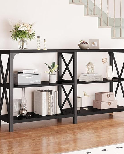 LVB Black Console Table, Modern Entryway Table with 3 Tier Storage Shelves, Industrial Sofa Table Behind Couch for Living Room, Farmhouse Wood Metal Entry Table for Hallway Foyer, Black Oak, 55 Inch