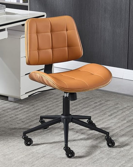 Home Office Desk Chair with Wheels, Adjustable Height Armless Office Chair, PU Leather Mid Back 360° Small Computer Chair, Modern Walnut Chair No Arms for Office, Reading Meeting Room(Brown)