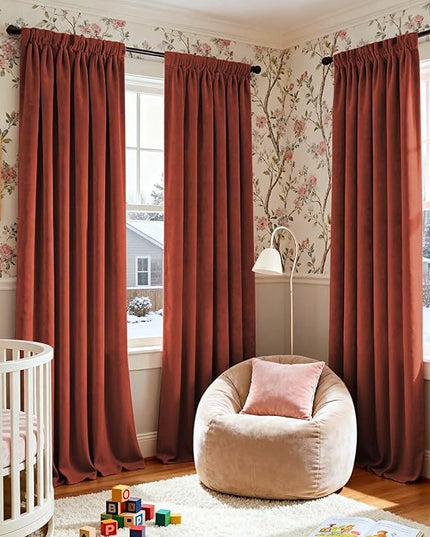 Lazzzy Velvet Blackout Curtains Thermal Insulated Room Window Drapes Super Soft Luxury Curtains for Living Room Bedroom Rod Pocket 2 Panels, Rust Red, 52" W x 102" L