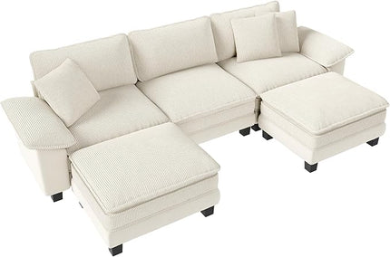 123-Inch U Shaped Sectional Sofa with Cloud Cushions, Deep Seat Modular Couch Set w/ 5 Seats & 2 Ottomans, Plush Chenille & Corduroy Upholstery for Living Room, Apartment - Beige