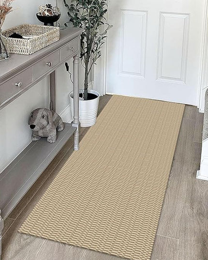 KOZYFLY Washable Runner Rug 2x5 Ft Runners for Hallways Rubber Backed Throw Rug, Braided Cotton Entryway Runner Indoor, Carpet Runners for Hallway Kitchen Entryway Bedroom, Sand/Ivory