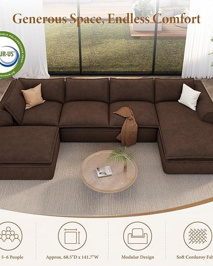 Vesgantti 141.7" U Shaped Boneless Sectional Couch, Modern 6 Seater Modular Sofa with Chaise & Ottoman, Deep Seat Corduroy Cloud Couches for Living Room, No Assembly Required, Dark Brown