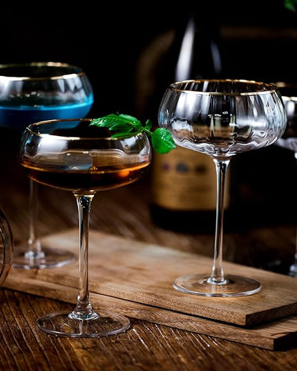 Lysenn Vintage Coupe Glasses Set of 4 - Hand Blown Gold Rim Martini Glasses - for Your Next Cocktail & Champagne Party - 9fl oz