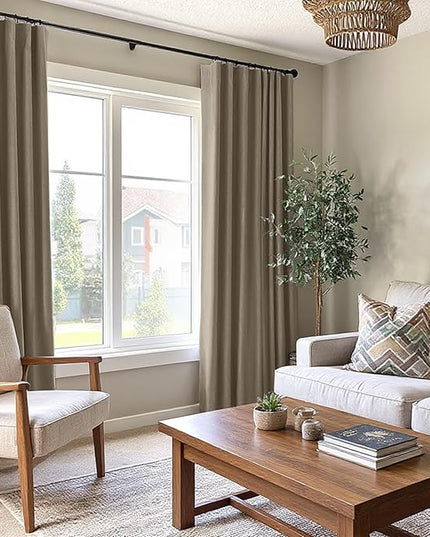 INOVADAY 100% Blackout Curtains for Bedroom, Black Out Curtains 108 Inch Long, Clip Rings Linen Blackout Drapes, Thermal Insulated Room Darkening for Living Room, 2 Panels - Earthy Beige,W50xL108