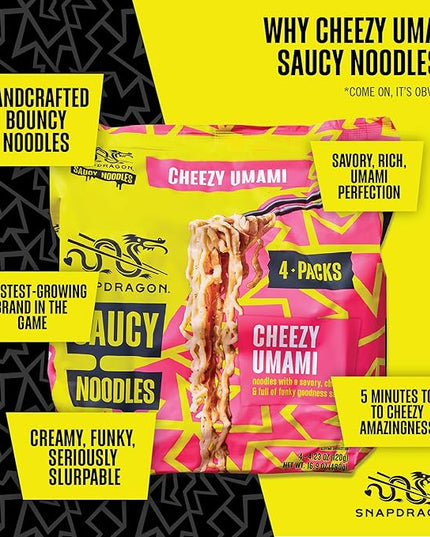 Snapdragon Saucy Instant Noodles with Cheezy Umami, Savory Slurpable Sauce - Quick Meal, Snack, and Lunch. 4-Pack Microwave Noodles for Cup, Bowl, Cheddar Cheese Ramen or Asian Stir Fry