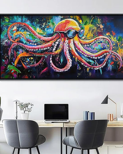 JEAWA Large Framed Wall Art - Funny Octopus Wearing Sunglasses Modern Street Graffiti Texture Wall Painting for Living Room Bedroom Teenage Boy Room Game Room Cool Posters Decor 24x48 IN