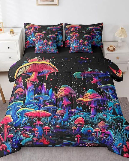 Feelyou Purple Mushroom Comforter Set with Sheets Gradient Mushroom 7 Piece Bedding Set for Kids Boys Girls Botanical Plant Quilt Set Galaxy Star Bed Set Queen Size