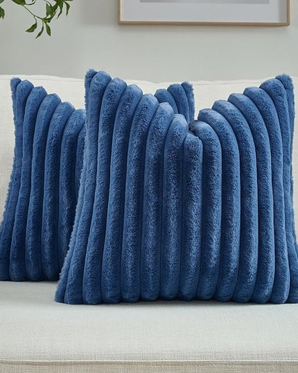 FUTEI Navy Blue Throw Pillow Covers Set of 2, 20x20 Inch Striped Texture Cushion Cases with Soft Faux Rabbit Fur Front & Velvet Back, Modern Decorative Couch Pillows for Living Room
