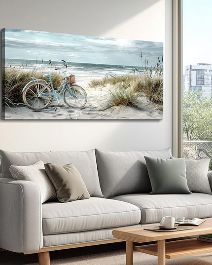 FUHAIHUA Wall Art For Living Room Canvas Decor For Bedroom Modern Office Decorations Blue Beach Bicycle Seascape Paintings Ocean Landscape Pictures Artwork Ready To Hang Home Decor