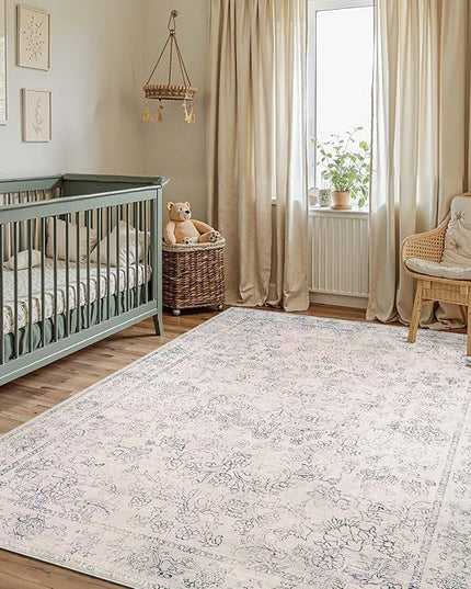jinchan 4x6 Ivory Area Rugs for Living Room – Machine Washable Vintage Floral Soft Stain Resistant Low Pile Rug, Non Slip Ultra-Thin Carpet for Bedroom Dining Room Home Office Nursery (4'x6', Ivory)