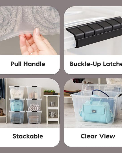 IRIS USA 6-Pack 54 Quart Stackable Storage Bins with Lids [Made in USA] - Everyday Organizer Latching Clear Plastic Organization Containers Closet Bedroom Shelving Units Home Storage - Clear/White