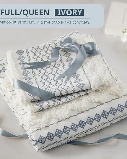 INK+IVY 100% Cotton Duvet Mid Century Modern Design, All Season Comforter Cover Bedding Set, Matching Shams, Full/Queen, Imani Chenille Navy